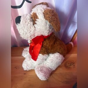 Plush Brown and White Puppy with Red Bow - Soft Cuddly Toy